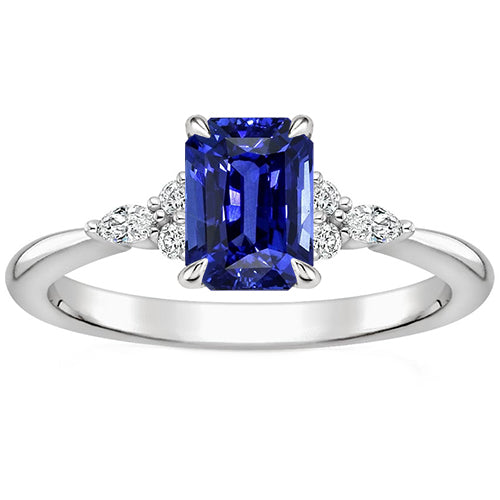 New Stylish Engagement Ring Floral Style Emerald Blue Sapphire & Diamond 