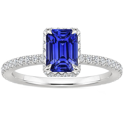 New Stylish White Gold Halo Ring Emerald Blue Sapphire & Diamond