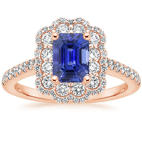 New Stylish Double Halo Ring Emerald Sri Lankan Sapphire & Diamond