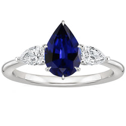 Three Stone Gold Pear Cut Ceylon Sapphire & Natural Earth Mined Diamond Ring 6.75 Carats