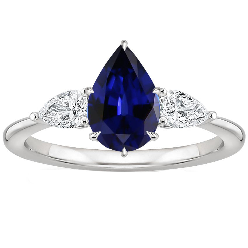 new  design stylish Three Stone Gold Pear Cut Ceylon Sapphire & Diamond Ring