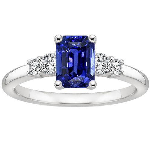 Anniversary Ring 5 Stones Emerald Blue Sapphire & Diamond