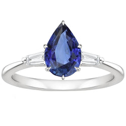 Women’s Diamond Ring Pear Blue Sapphire & Baguettes 6.75 Carats Gold