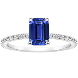 Solitaire With Accents Pave Set Ring Blue Sapphire & Natural Earth Mined Diamonds 3 Carats