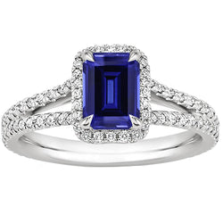 Halo Ring Split Shank Emerald Ceylon Sapphire & Natural Earth Mined Diamonds 4 Carats