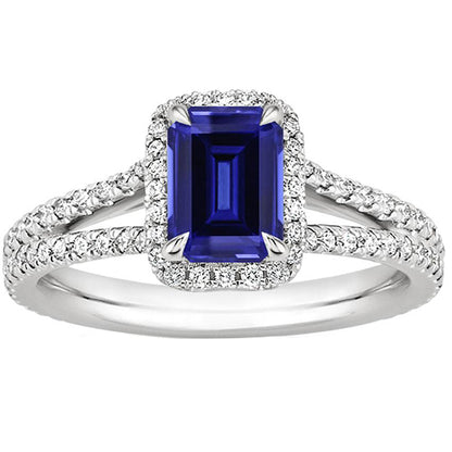 Sparkling Unique Lady’s Halo Ring Split Shank Emerald Ceylon Sapphire & Diamonds