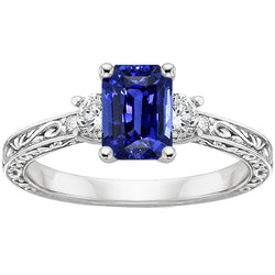 Three Stones Ring Antique Style Blue Sapphire & Natural Earth Mined Diamonds 4.50 Carats
