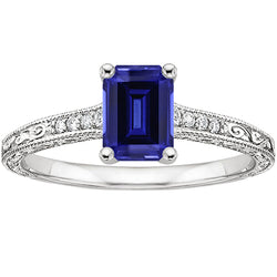 Blue Sapphire Solitaire Ring With Natural Earth Mined Diamonds Milgrain Shank 3.50 Carats