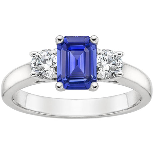Woman's  Weeding Anniversary  Three Stones Ring Emerald Sri Lankan Sapphire & Diamonds