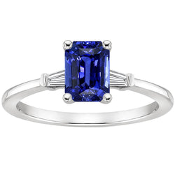 3 Stones Ring Emerald Ceylon Sapphire & Baguette Diamonds 3.50 Carats