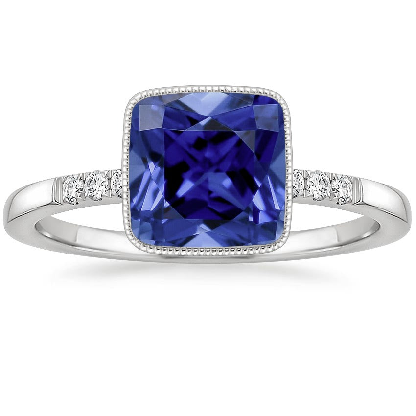 White Gold Females Stylish  Diamond And Blue Sapphire Vintage Style Ring