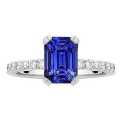 Solitaire Emerald Blue Sapphire Ring & Pave Set Natural Earth Mined Diamonds 3.50 Carats