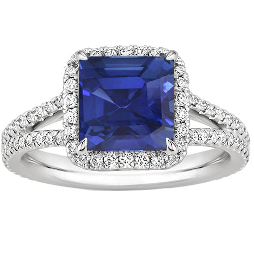 Diamond Gemstone Ring  Ladies  Halo Natural Blue Sapphire Gold Jewelry 