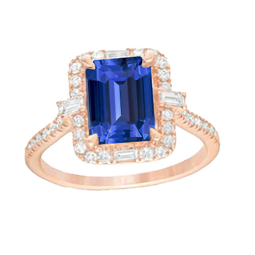 New stylish Halo Rose Gold Ring Emerald Blue Sapphire & Diamonds