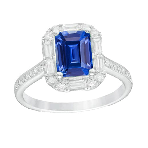 new stylish Halo Blue Sapphire Ring Baguette & Round Diamond Jewelry