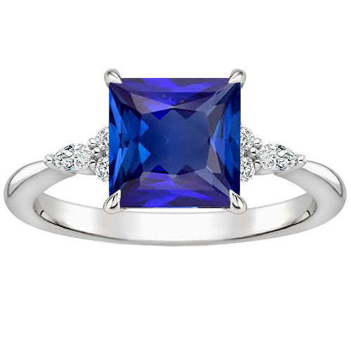 New Amazing Stylish Women Gemstone Ring Blue Sapphire With Accents White Gold