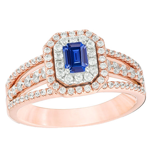 Double Halo Blue Sapphire Gemstone Wedding Ring  Rose Gold