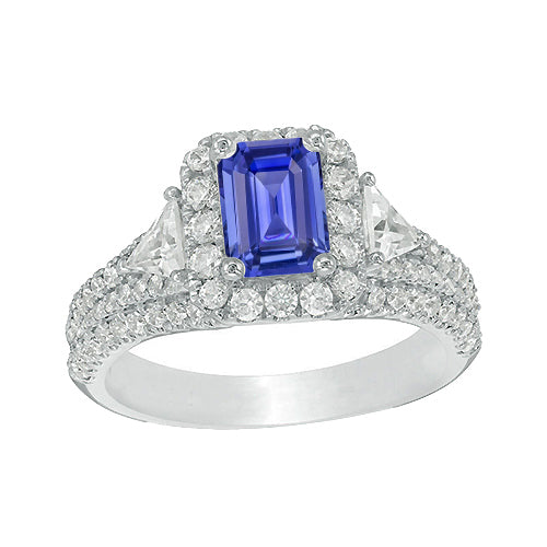 new best Halo Blue Sapphire Ring 3 Stone Style Emerald & Diamonds