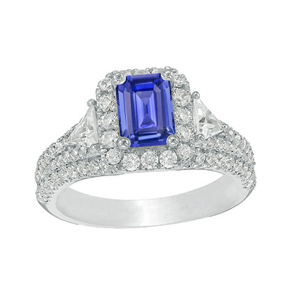 new best Halo Blue Sapphire Ring 3 Stone Style Emerald & Diamonds