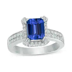 Gold Halo Engagement Ring Ceylon Sapphire & Natural Earth Mined Diamonds 3.50 Carats