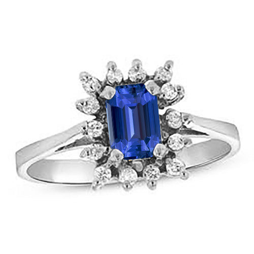 Flower Style Halo Blue Sapphire Wedding Ring Emerald