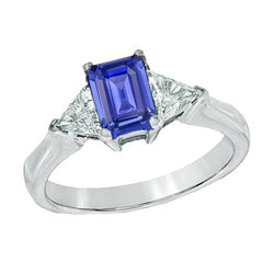 3 Stone Emerald Blue Sapphire Ring & Trillion Pair Natural Earth Mined Diamonds 2 Carats
