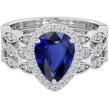 Natural Real ( Not Lab Grown )  Halo Pear Cut Wedding Ring Set Blue Sapphire Vintage Style 4.50 Carats