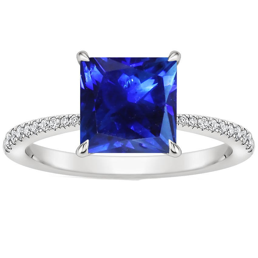 LAdies Anniversary Princess Ceylon Sapphire & Round Diamond Ring