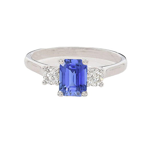 Lady’s Brilliant Engagement   3 Stone Blue Sapphire Emerald & Round Diamond Ring
