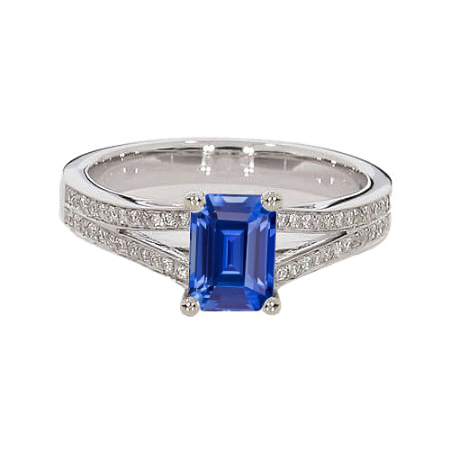 Lady’s Brilliant Engagement   Diamond Jewelry Emerald Cut Blue Sapphire Ring Split Shank
