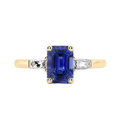 Yellow Gold Three Stone Ring Emerald Blue Sapphire 2.50 Carats
