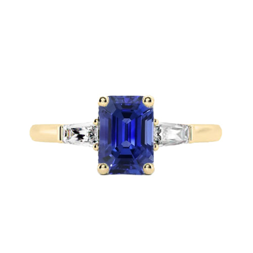 Women Diamond Engagement  Yellow Gold Three Stone Ring Emerald Blue Sapphire