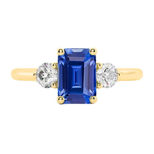 Women Diamond Engagement  Gold 3 Stone Emerald Ceylon Sapphire Ring Diamonds