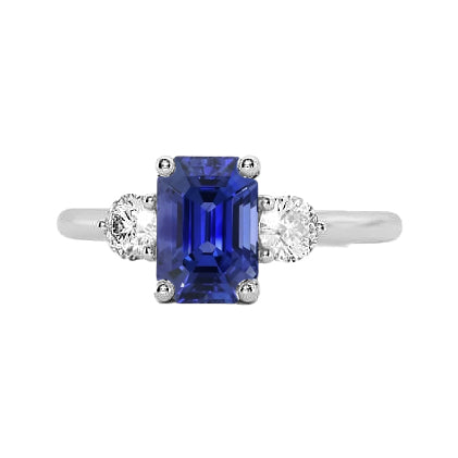 Gorgeous fancy     3 Stone Natural Blue Sapphire Emerald Ring & Diamonds