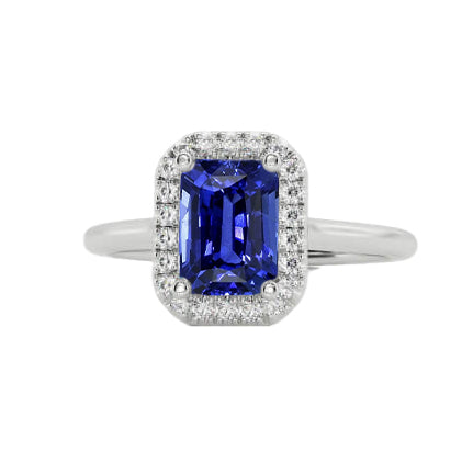 Halo Diamond Blue Sapphire Ring Emerald Cut  Gorgeous fancy     White Gold  
