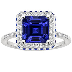 Diamond Gemstone Ring Halo Princess Blue Sapphire Gold 14K 4.50 Carats