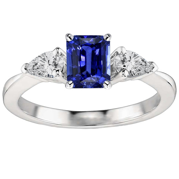 Diamond Three Stone Emerald Shaped Ring Deep Blue Sapphire  Lady’s Brilliant Engagement 