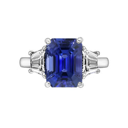 Gold 3 Stone Emerald Ring Blue Sapphire & Trapezoid Natural Earth Mined Diamonds 4 Carats