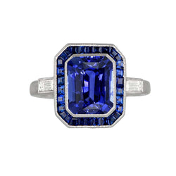 Women Halo Gemstone Blue Sapphires Ring 3.50 Carats Baguette Natural Earth Mined Diamonds