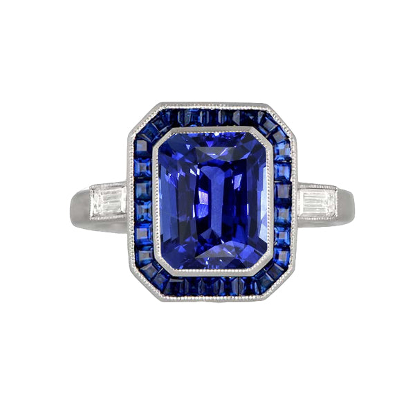 Women Halo Gemstone Blue  Lady’s Brilliant Engagement Sapphires Ring   Baguette Diamonds  