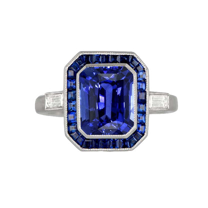 Women Halo Gemstone Blue  Lady’s Brilliant Engagement Sapphires Ring   Baguette Diamonds  