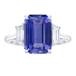 3 Stone Blue Sapphire Ring Emerald & Trapezoid Natural Earth Mined Diamonds 3.50 Carats