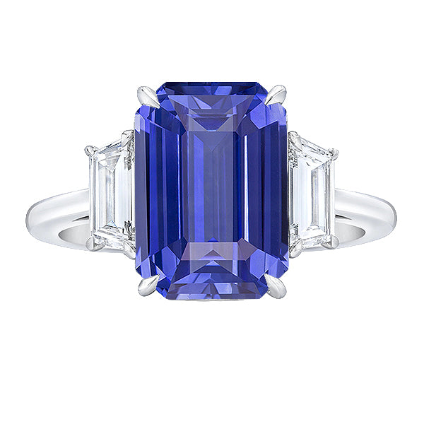 Lady’s Brilliant Engagement 3 Stone Blue Sapphire Ring Emerald & Trapezoid Diamonds