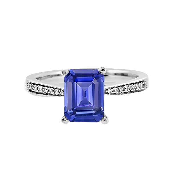 Lady’s Brilliant Engagement Solitaire Emerald Blue Sapphire Ring With Diamond Accents