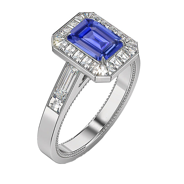  New High Quality Halo Emerald Blue Sapphire Engagement Ring