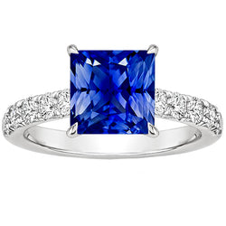 Ladies Gold Diamond Ring Princess Blue Sapphire Accented 4.50 Carats
