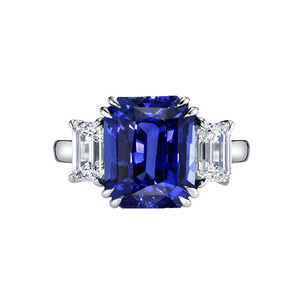 Emerald Three Stone Blue Sapphire Ring  New High Quality Women’s Jewelry
