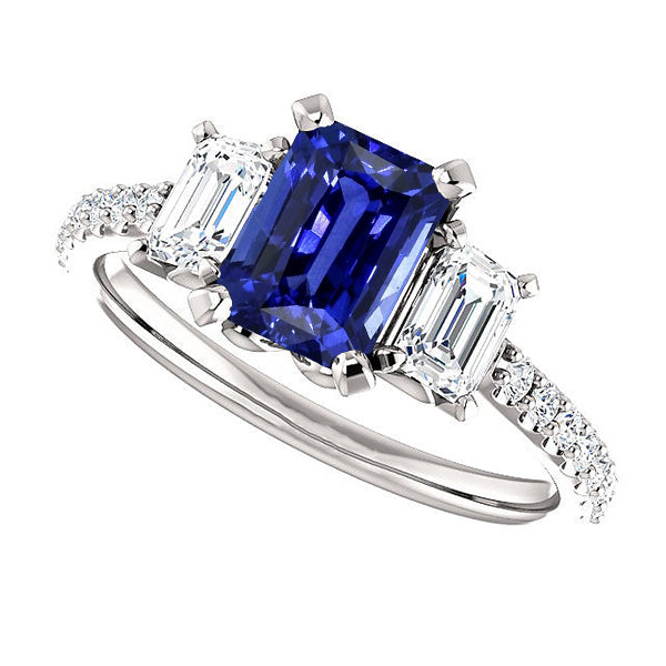 Gemstone Emerald Blue Sapphire Ring 3 Stone Style & Diamonds   New High Quality 