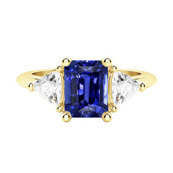 3 Stone Emerald Blue Sapphire Ring With Trillion Natural Earth Mined Diamonds 2.50 Carats