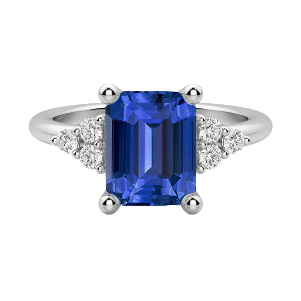 High Quality Fancy Sparkling  Diamond Anniversary Ring Emerald Shaped Blue Sapphire